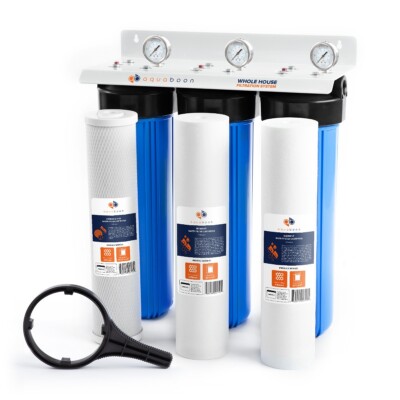 3 Stage Big Blue 20'' Whole House System 1'' Port + Carbon Block+Sediment Filters