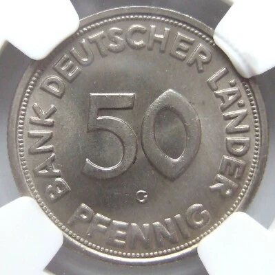 Münze 50 Pfennig 1950 G Bank Deutscher Länder in fast Stempelglanz NGC MS65 - Bild 1 von 4