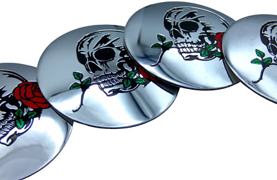 4-Pack Aluminum 2.20'' Skull with Red Rose Wheel Center Cap Sticker Decal Auto