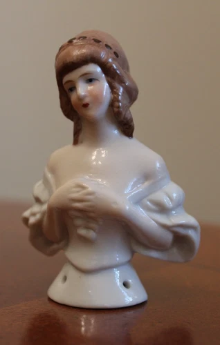 VTG PORCELAIN GERMANY VICTORIAN HALF DOLL W/WHITE DRESS ARMS FOLDED ACROSS CHEST