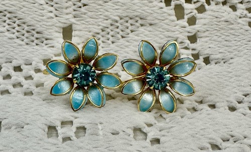Bugbee & Niles Earrings Blue Flower Gold Tone Enamel rhinestone Screw Bk Signed