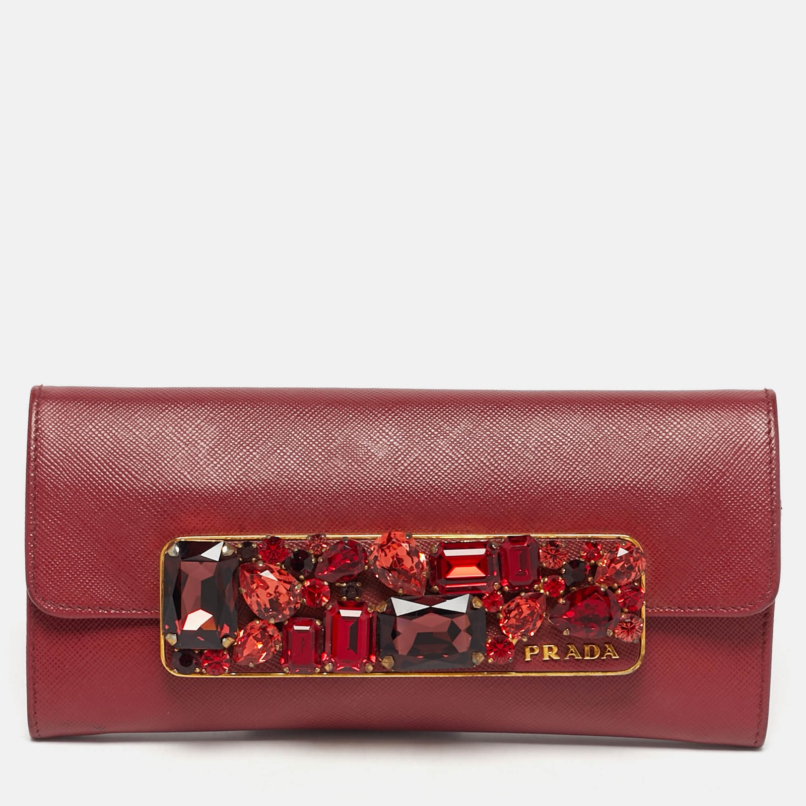 Prada Dark Red Leather Crystal Embellished Flap Continental Wallet