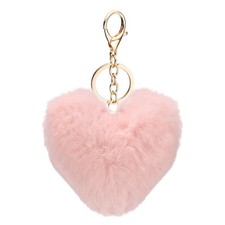 Pom Pom Keychain, 10 cm Soft Cute Fluffy Heart Key Ring, Pink