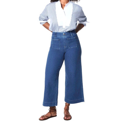 Spanx Cropped Wide-Leg Jeans Women's Size L Blue High Rise Patch Pockets Pull On