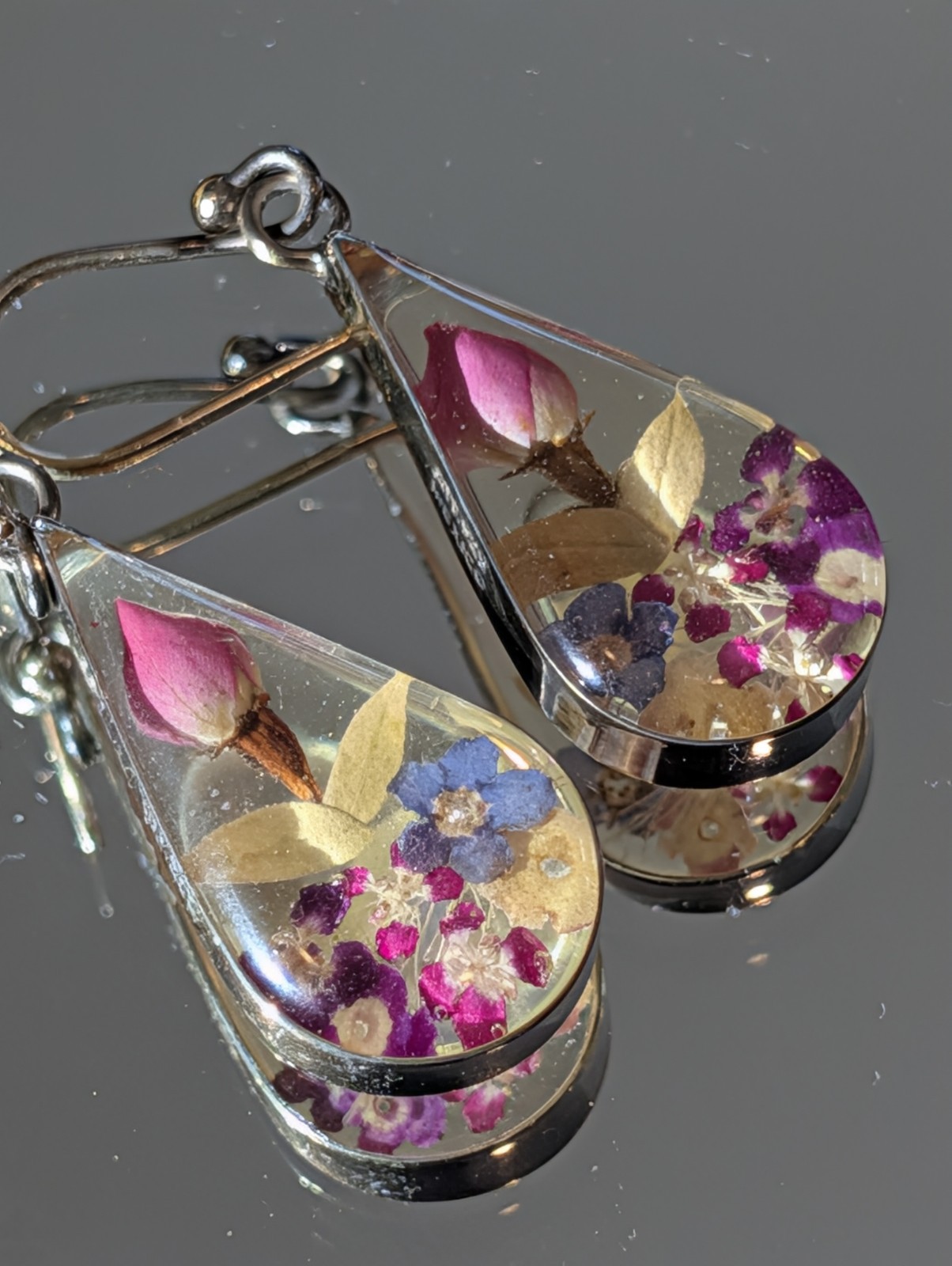 Dangle Pressed Flower Earrings Silver Mexico 925 - image 5