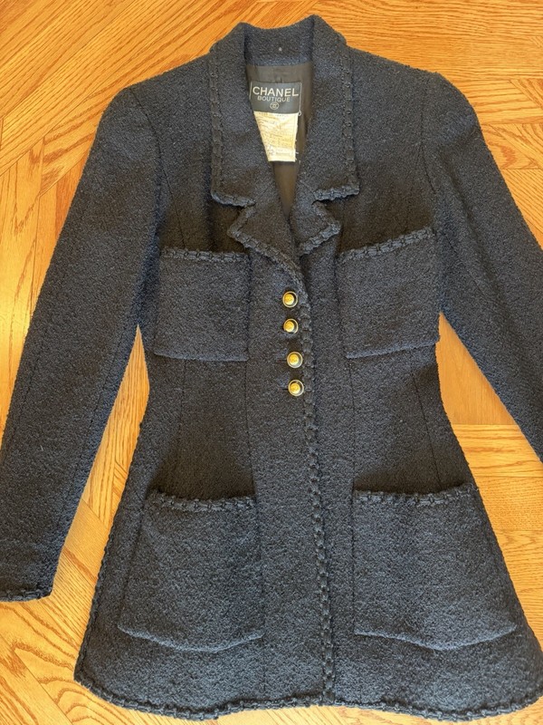 Vintage CHANEL Boutique Black Tweed Jacket 90s Gold CC Buttons Sz 0 France