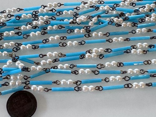 Vintage Blue Glass Bugle Bead & Pearl Chain By the Foot