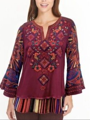 John Mark Eggplant Bell Sleeve Boho Tunic Top M New Embroidered $130