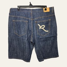 Vintage Y2K Rocawear Baggy Embroidered Denim Jean Shorts Dark Blue Size 42