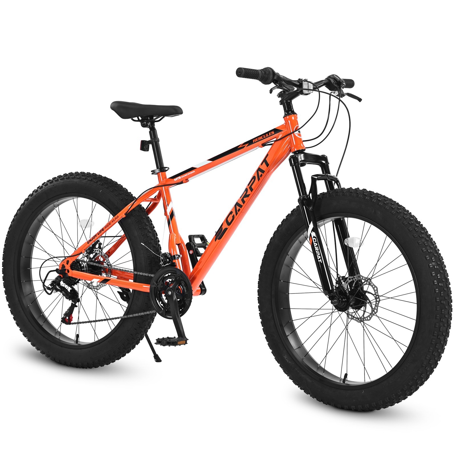 A 26-inch mountain bike with front suspension, dual disc brakes, and 21 gears