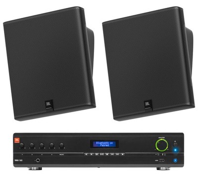 2) JBL SLP12/T-BK Sleek Low-Profile On Wall Mount 3'' 70v Commercial Speakers+Amp