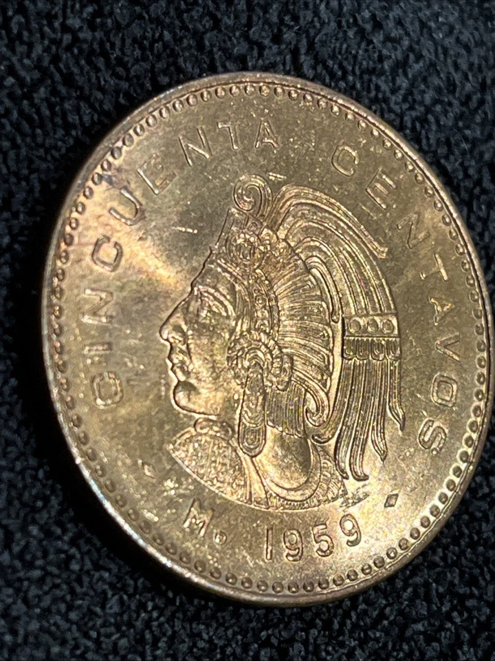 1959 Mexico Large 50 Centavos Ref BU Uncirculated Cuauhtemoc Warrior Chalet - Image 3 of 4