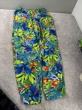 VINTAGE Jams World Pants Women M Wide Leg Hawaiian Hibiscus Floral Beach Rayon