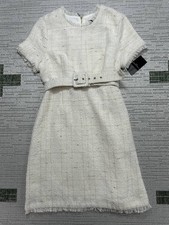 Tahari Dress Womens 4 Petite White Knit Belted Blouson New 