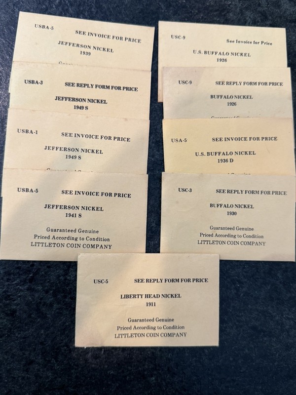 LOTS of 9 US Nickels, Littleton Stamp & Coin in Envelopes, UNSEARCHED