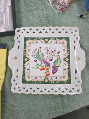 Vtg American Atelier Paradise Bird Porcelain Handled Square Serving Tray 5816