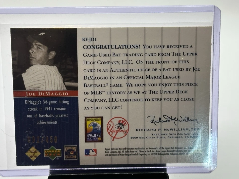 2001 Upper Deck Joe DiMaggio 比赛用蝙蝠卡 KY-JD1 套件 年轻促销洋基队 — 第 2/2 张图片