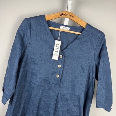 Emme Maternity Blue Linen Dress Womens M Lagenlook Minimalist Breezy New NWT
