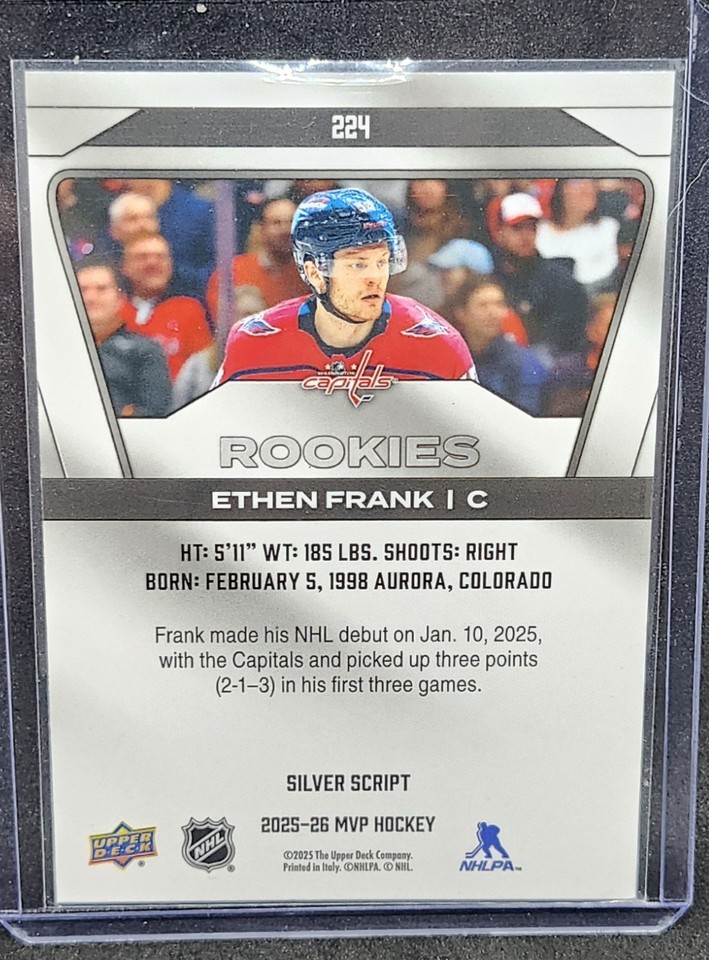 Cilver Script Card 2025-26 UD MVP Hockey Ethen Frank Rookie Silver Script First Card! #224 ...