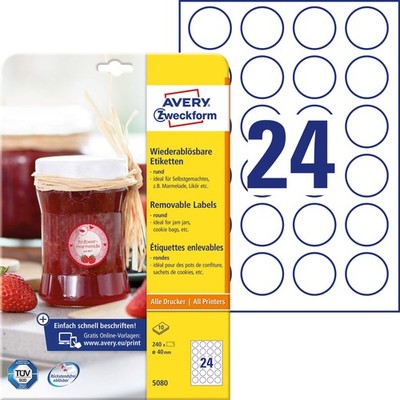 Avery Zweckform 5080 Jam Labels, A4, 240 Round Labels Removable, Diameter 40 mm 