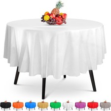 5 Pack Premium Round White Plastic Tablecloth - 84 x in. Disposable Table Cloth