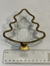 Vtg Indiana Glass Christmas Tree Tealight Votive Candle Holder Gold Rim USA