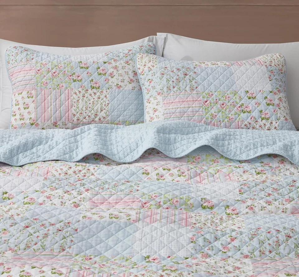 Blue Pink Shabby Chic Floral Bedspread Coverlet Set Pre-Washed Cotton Quilt Set - Image 4 of 4