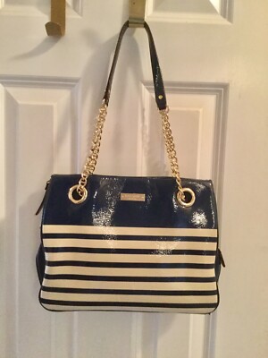 blue and white striped purse