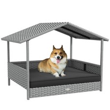 Wicker Dog House with Canopy, Water-resistant Cushion, Gray