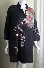 Citron Santa Monica Sz XL Black Bird Embroidered 35" Long Tunic Shirt Top