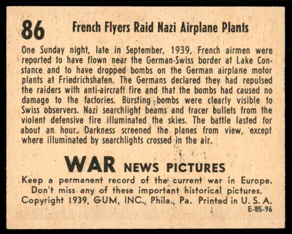 1939 War News Pictures #86 French Flyers Raid NEAR MINT *GPL84