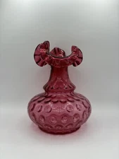 Fenton Cranberry Ruffle Rim Thumbprint  Vase 6”