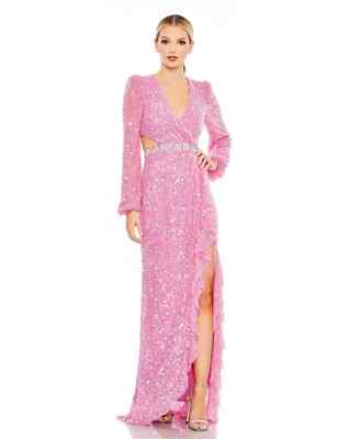 Mac Duggal Sequined Faux Wrap Cut Out Maxi Gown Long Dress, Pink Size 4 Small