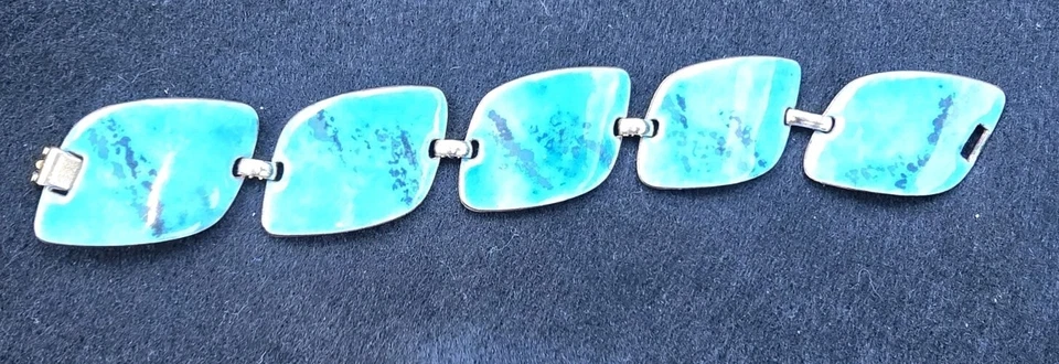 Pulsera Vintage Mediados de Siglo Modernista K Denning Cobre Azul Blanco Esmalte Foto 2 de 4