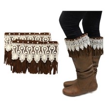Brown Leather Fringe and Lace Boot Toppers