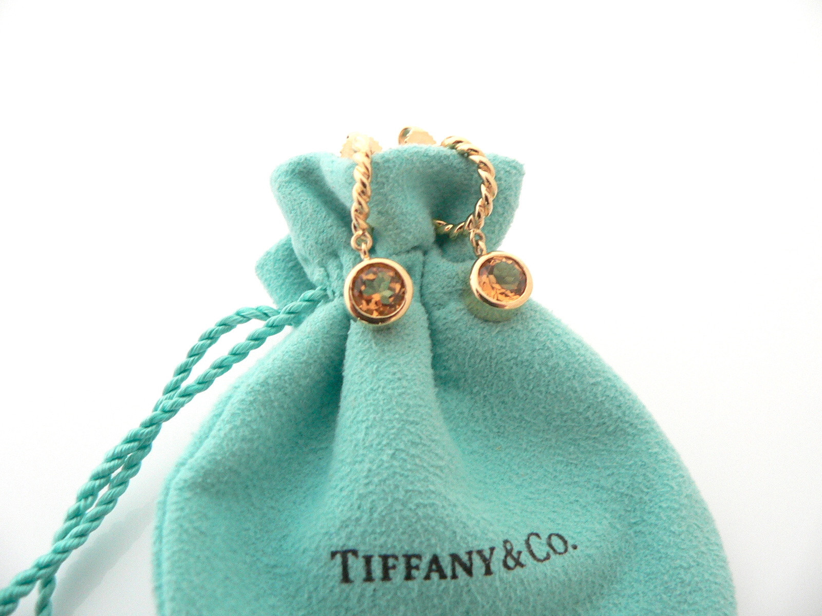 Tiffany & Co 18K Gold Twist Twirl Citrine Gemstone Dangling Dangle Earrings Gift