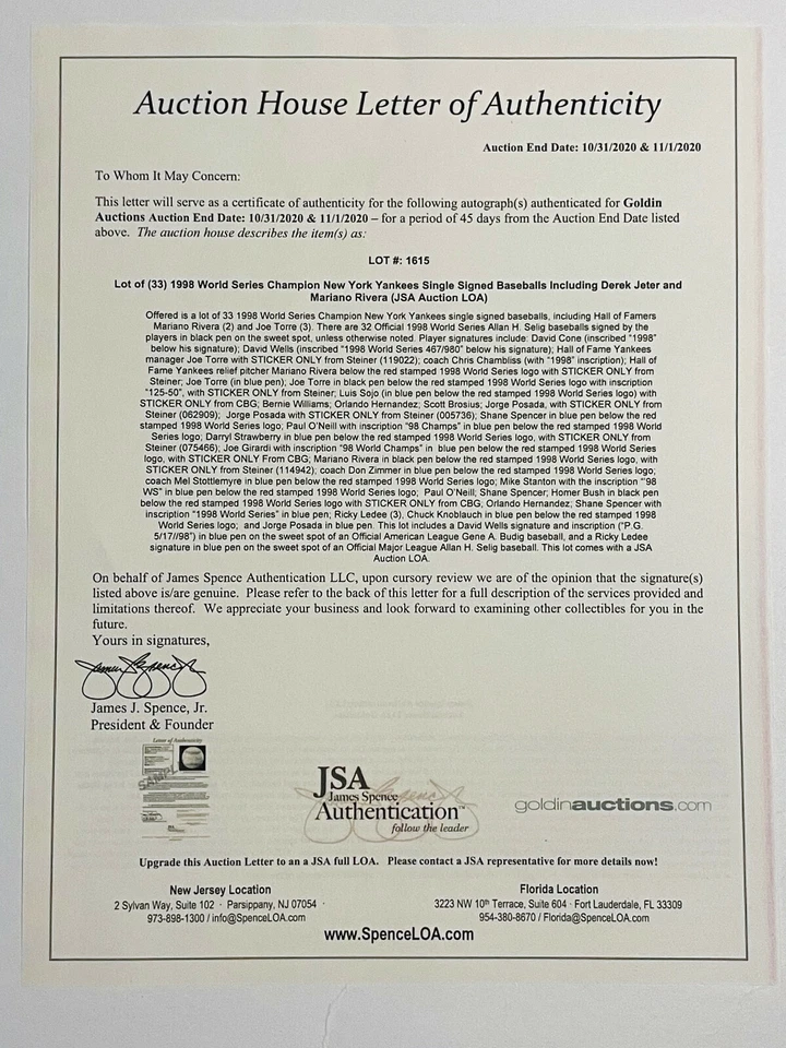 DAVID WELLS SIGNED 1998 WORLD SERIES OFFICIAL BASEBALL N.Y. YANKEES w/ JSA ALOA - Image 4 of 4