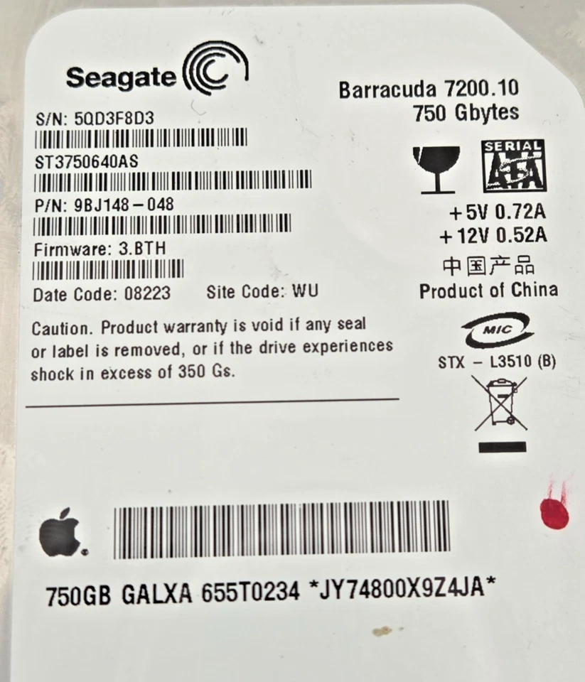 Apple SEAGATE 750GB ST3750640AS - Image 2 of 4