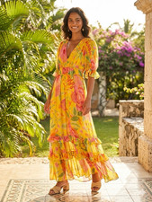 Farm Rio Yellow Floral Maxi Dress V-Neck Puff Short Sleeve Ruffle Zip Size S