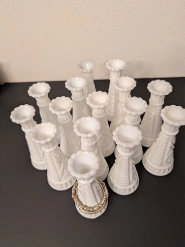 (15) VINTAGE AH MILK GLASS BUD VASE STARS AND BARS 6" Tall Jewelry not included!