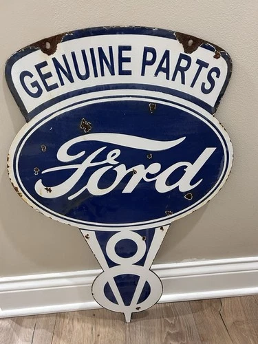Rare 30" x 20" Vintage Ford Genuine Parts V-8 Double Sided Porcelain Sign