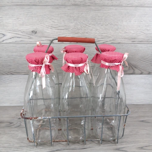 Vintage Metal Basket  Milk Carrier With Glass Dairy Bottles Holds 6 Quarts