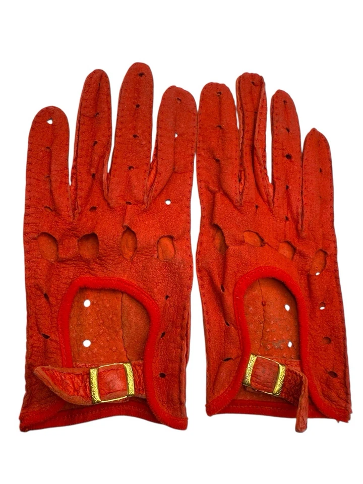 Antique Glove Box Accordion Case Perforated Red Leather Driving Gloves - Image 2 of 4