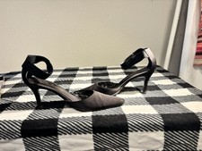 Nina Black Satin Ankle Strap Heels Pointed Toe Stilettos With Original Bo