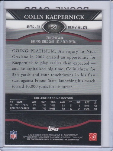 COLIN KAEPERNICK ROOKIE CARD 2011 Topps Platinum Football MINT 49ers RC! - Picture 2 of 2