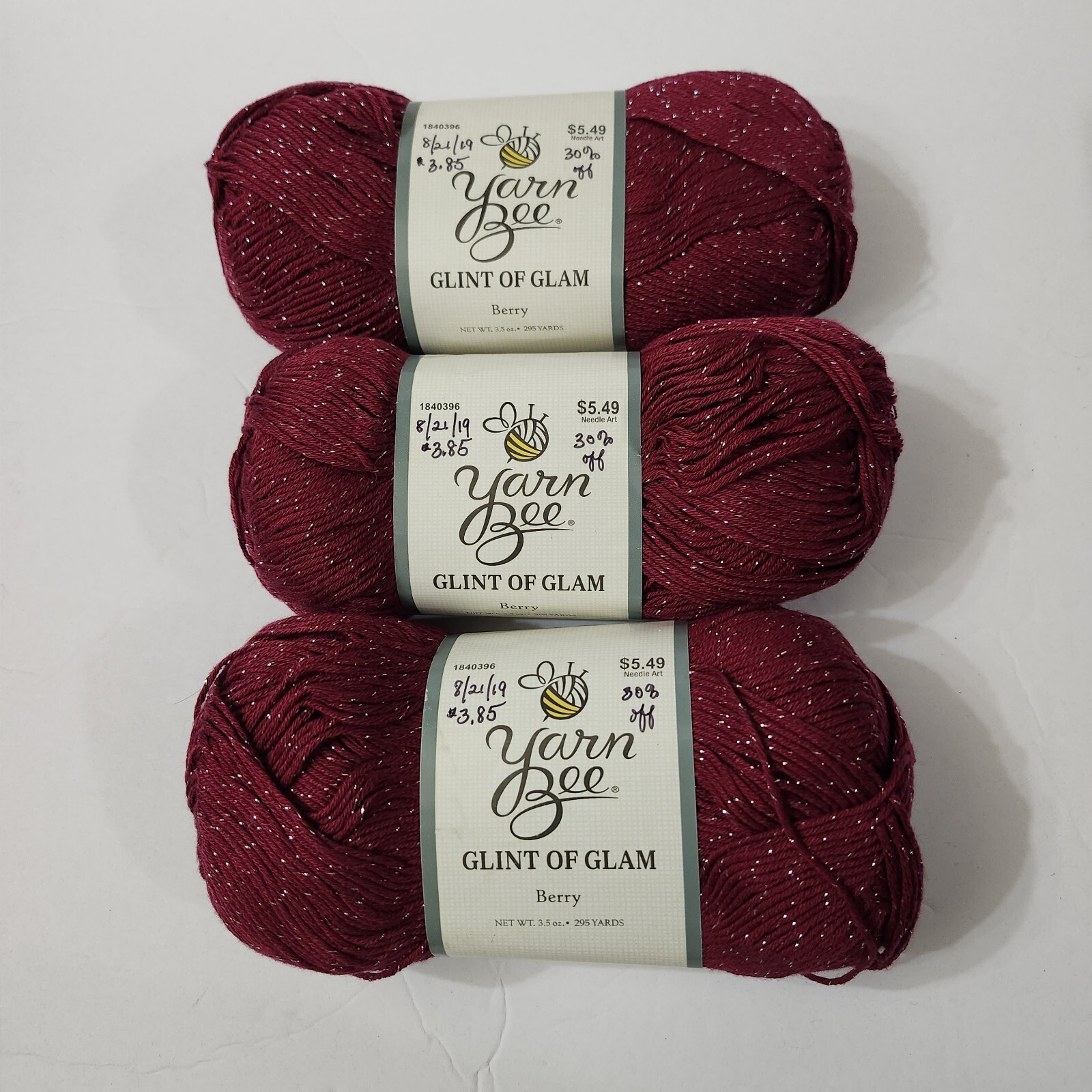 Yarn Bee Glint of Glam Yarn Color Berry 3.5 Oz Skein Lot of 3