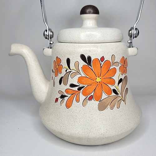 60er Jahre Japan Steingut Teekanne Holzgriff florales Design orange gelb Blumen *** - Bild 4 von 24