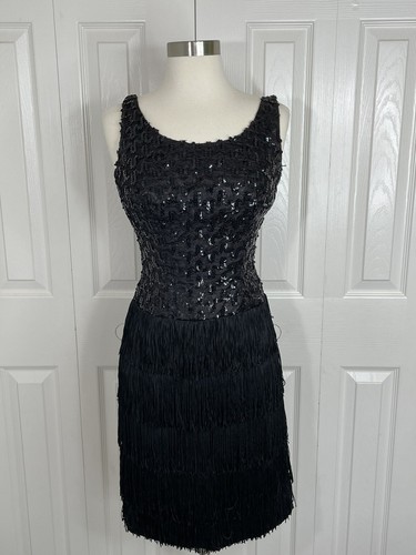 VTG Jr Theme NY XS Party Dress Black Fringe Skirt Sequin Lace Top Sleeveless - Picture 2 of 13
