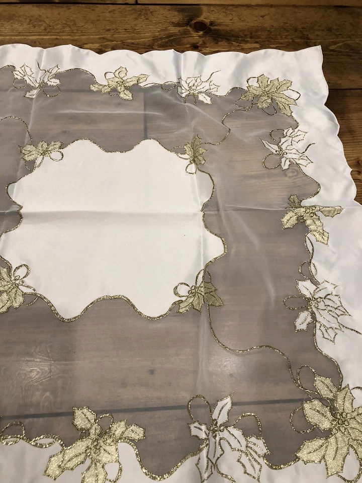 Christmas White Sheer And GoldPoinsettia Table topper square 36 X 36 NEW - Image 3 of 4