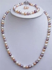 7-8mm/8-9mm Multicolor Akoya Cultured Pearl Necklace + Bracelet + Earrings Set